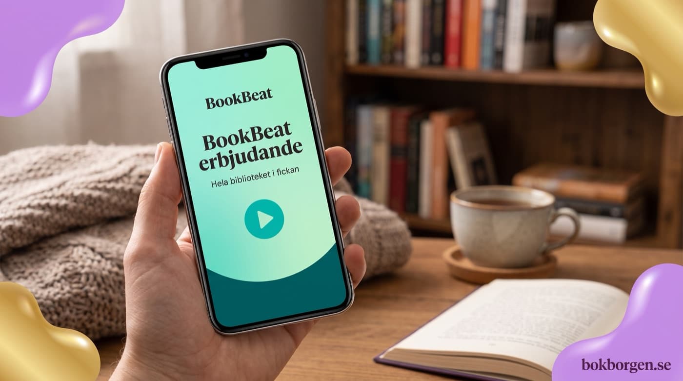 Hand som håller en mobil med BookBeats ljudboksapp
