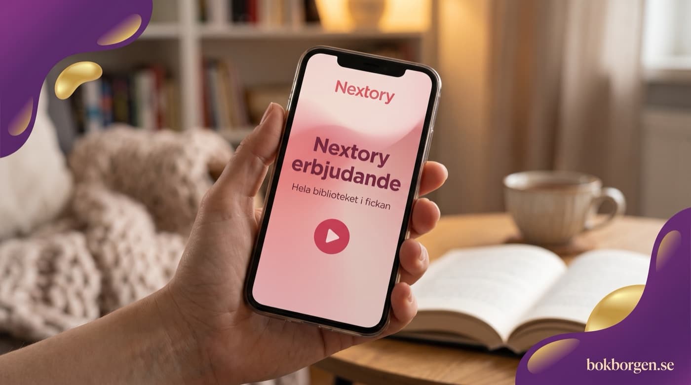 Hand som håller en mobil med Nextorys ljudboksapp