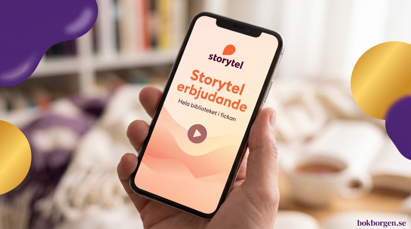 Hand som håller en mobil med Storytels ljudboksapp